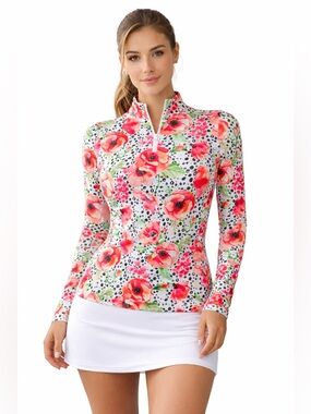 Gottex Floral Performance Zip Top Mock Neck Long Sleeve Activewear